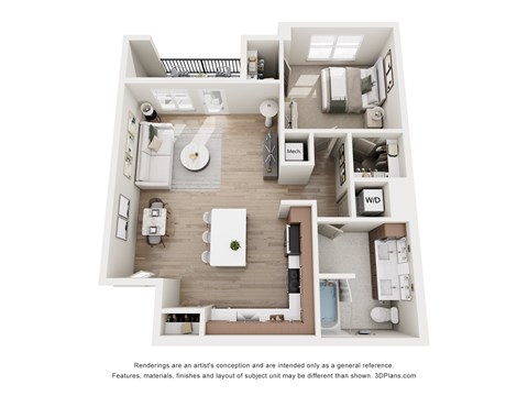 A 3D floor plan of a house with a kitchen, living room, and bathroom.